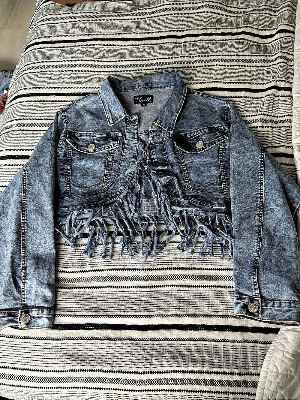 Thrill Fringed Denim Jean Jacket in Blue Size 2X